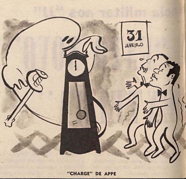          JK e Jango se mostram tensos com a aproxima&ccedil;&atilde;o da posse, em charge de Appe (Anilde Pedrosa) para a reportagem &ldquo;O golpe, o fato novo e a centelha&rdquo;, da revista &ldquo;O Cruzeiro&rdquo; de 29 de outubro de 1955   
