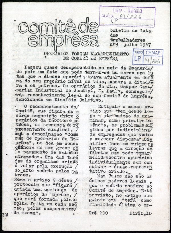   Capa do boletim "Comitê de Empresa",  edição de julho de 1967