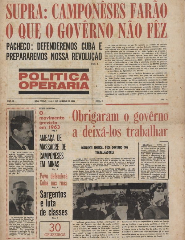   Capa do semanário "Política Operária",
  da organização Polop, edição nº 8 (15/1/1964 a 22/1/1964)