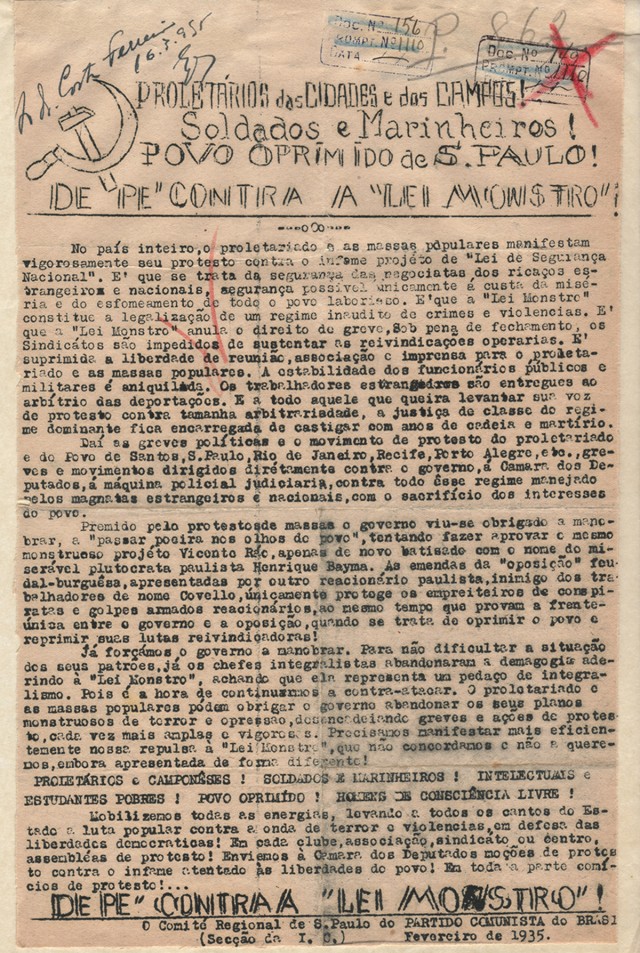   Panfleto do Partido Comunista do Brasil&nbsp; contra a Lei Monstro, datado de fevereiro de 1935