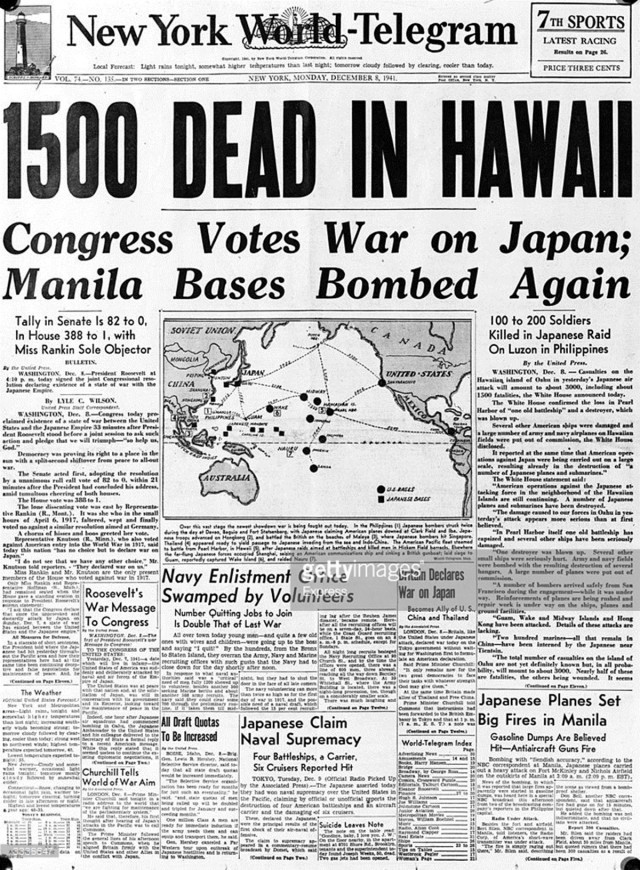   Capa do jornal &ldquo; New York World-Telegram&rdquo; no dia seguinte ao ataque informa 1.500 mortos no ataque; n&uacute;mero chegaria a 2.400
