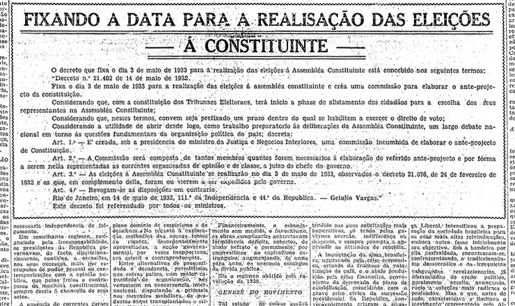  <strong> Texto do decreto que convoca eleições, </strong> publicado na edição dominical do "Correio da Manhã" de 15 de maio de 1932