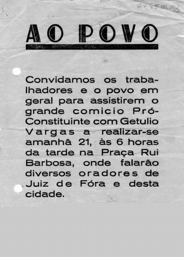  Cartaz convocando  para um dos v&aacute;rios com&iacute;cios queremistas de 1945