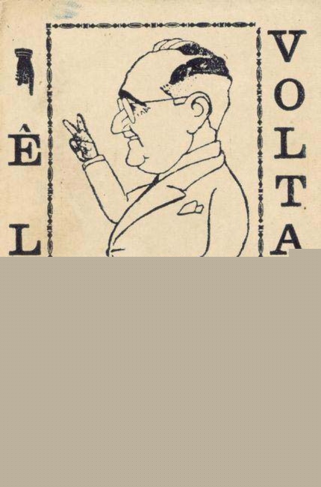   Material de propaganda da campanha  presidencial de 1950 com a caricatura de Getúlio Vargas e a inscrição &quot;Ele voltará&quot;
