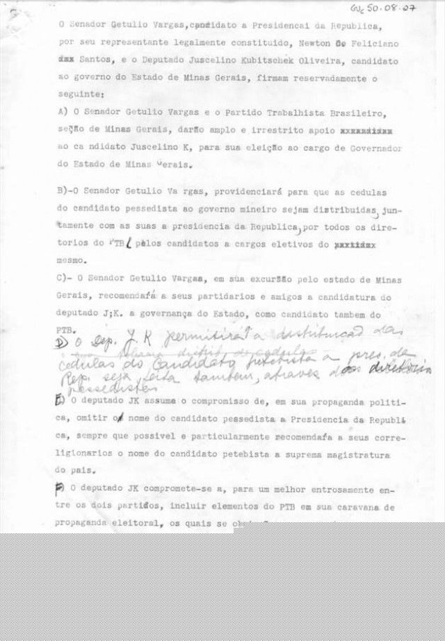   Documento assinado  por membros do PTB e PSD&nbsp;atestam &quot;abandono&quot; &agrave; candidatura Cristiano. Pelo acordo, v&aacute;lido para Minas Gerais, o PTB apoiaria o candidato a governador do PSD, Juscelino Kubitschek, que em troca pediria votos para a&nbsp;candidatura petebista de Vargas&nbsp;&agrave; Presid&ecirc;ncia