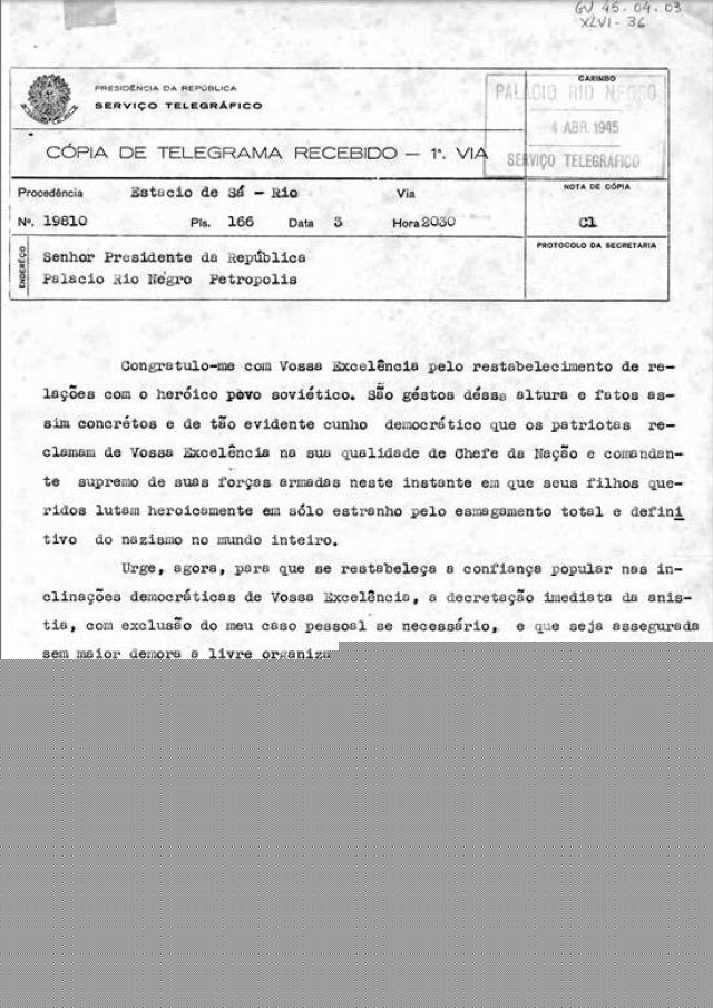        Em telegrama, Lu&iacute;s Carlos Prestes congratula  Get&uacute;lio Vargas  pelo reatamento de rela&ccedil;&otilde;es entre Brasil e Uni&atilde;o Sovi&eacute;tica, pede anistia e faz apelo por livre organiza&ccedil;&atilde;o de partidos pol&iacute;ticos