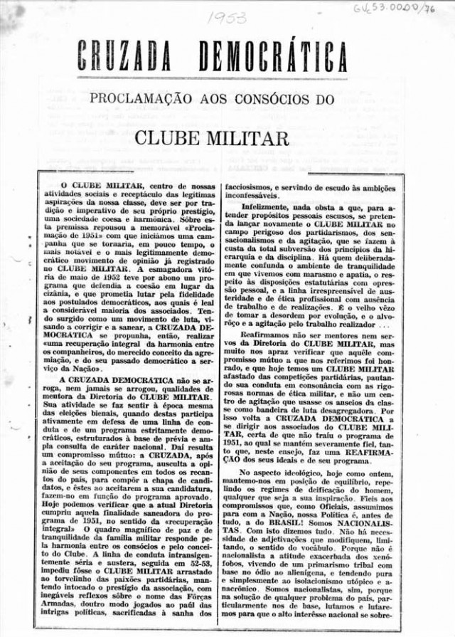       Impresso contendo manifesto da Cruzada Democrática sobre as eleições do Clube Militar 