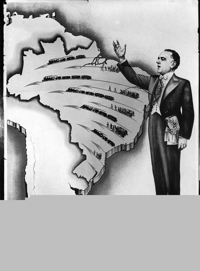  &quot;O verdadeiro sentido da brasilidade &eacute; a Marcha para o Oeste&quot;, diz o cartaz do governo Vargas