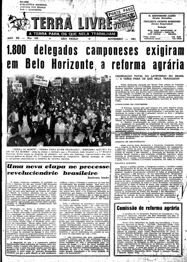   Capa do jornal &quot;Terra Livre&quot;&nbsp; de novembro de 1961&nbsp;