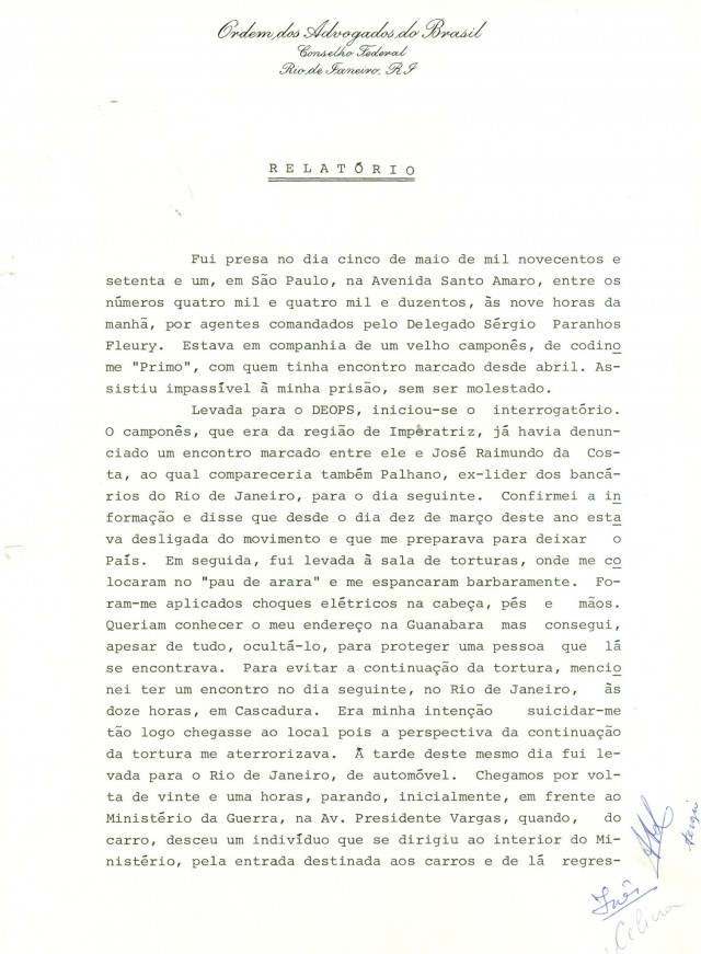  Relat&oacute;rio de In&ecirc;s Etienne Romeu &agrave; Comiss&atilde;o de Direitos Humanos do Conselho Federal da OAB