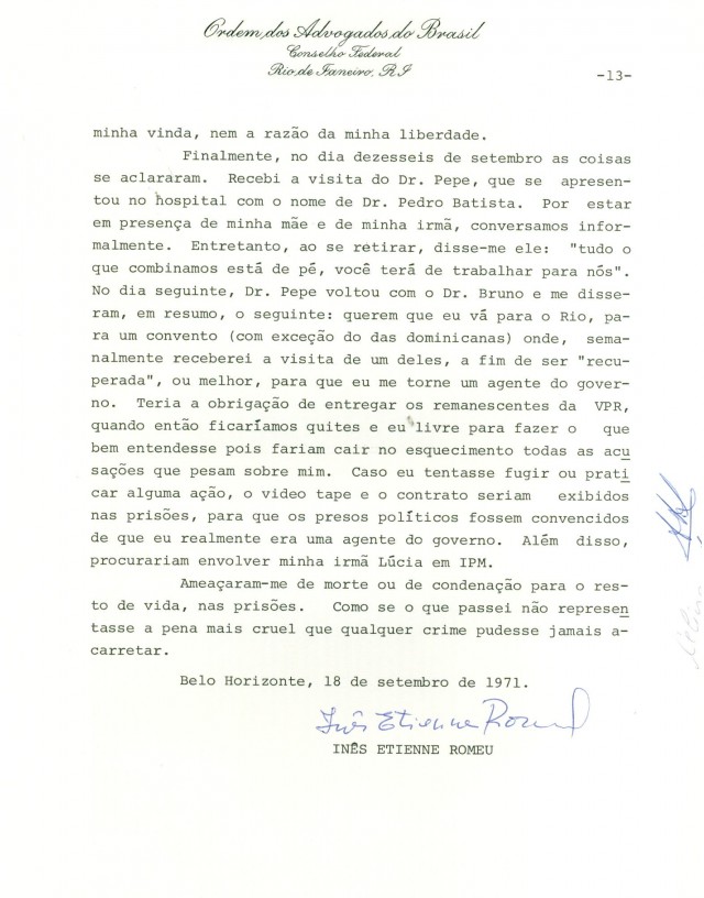  Relat&oacute;rio de In&ecirc;s Etienne Romeu &agrave; Comiss&atilde;o de Direitos Humanos do Conselho Federal da OAB