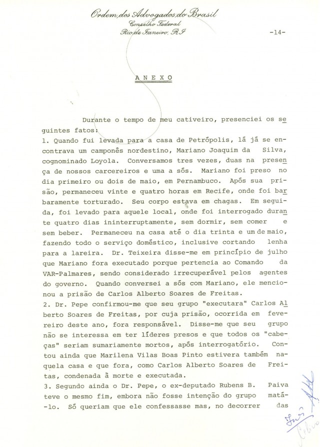  Relat&oacute;rio de In&ecirc;s Etienne Romeu &agrave; Comiss&atilde;o de Direitos Humanos do Conselho Federal da OAB