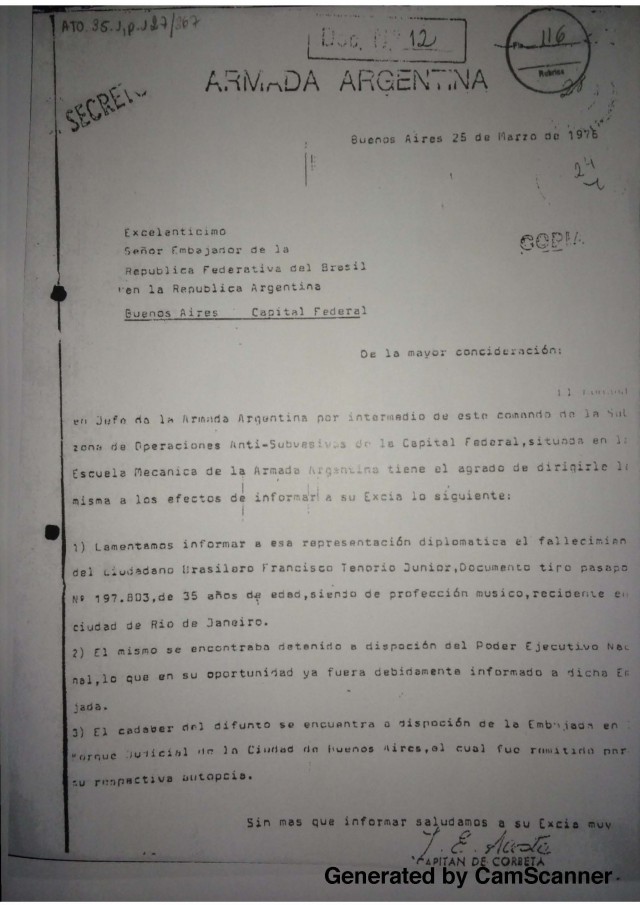  Documentos da repress&atilde;o argentina sobre Ten&oacute;rio Jr. encaminhados &agrave; Embaixada do Brasil