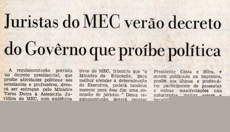  <strong> "Jornal do Brasil"</strong> noticia providências do Ministério da Educação para regulamentar o "AI-5" dos estudantes