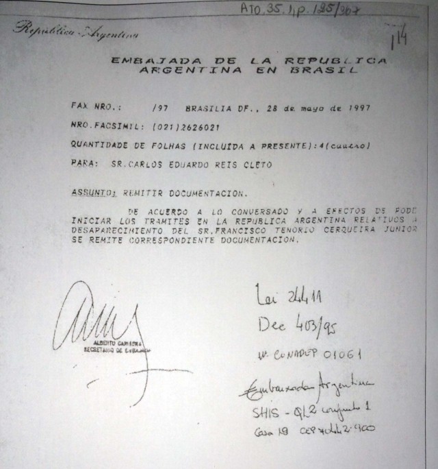  Documentos da repress&atilde;o argentina sobre Ten&oacute;rio Jr. encaminhados &agrave; Embaixada do Brasil