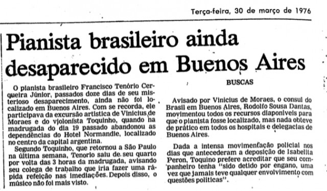   &quot;Folha de S.Paulo&quot; acompanha o desaparecimento de Tenorinho na edi&ccedil;&atilde;o de 30 de mar&ccedil;o de 1976