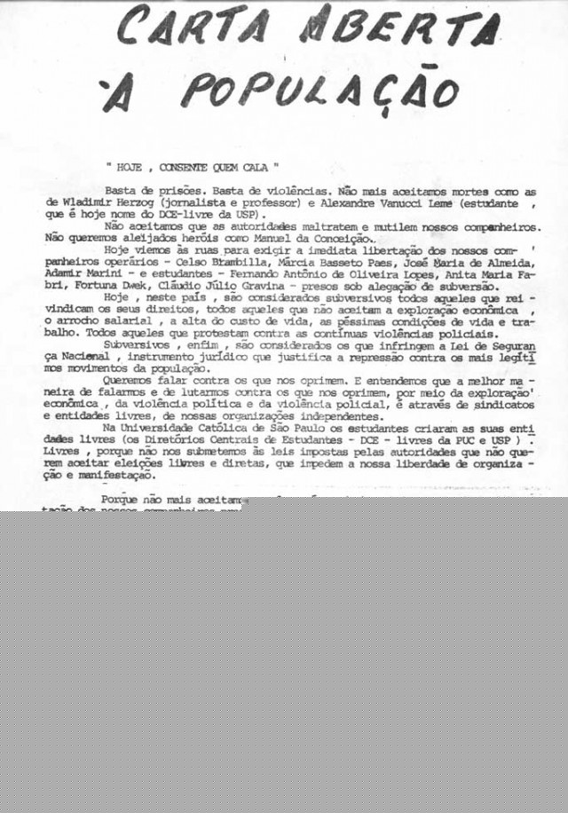  Carta aberta dos estudantes distribu&iacute;da aos populares durante a passeta&nbsp;