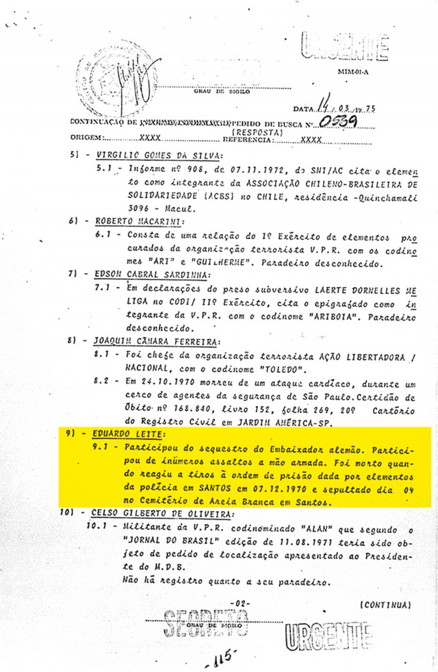  Em documento secreto dos militares, a morte de Bacuri &eacute; relatada como consequ&ecirc;ncia de resist&ecirc;ncia &agrave; pris&atilde;o  &nbsp;