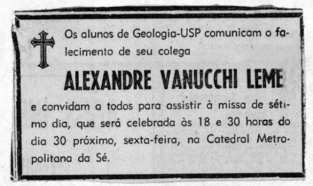   Estudantes da Geologia da USP  publicam an&uacute;ncio convidando para&nbsp;a missa de Alexandre Vannucchi