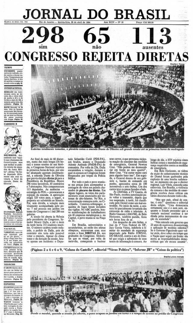  Manchete do &quot;Jornal do Brasil&quot; de&nbsp;26 de abril de 1984