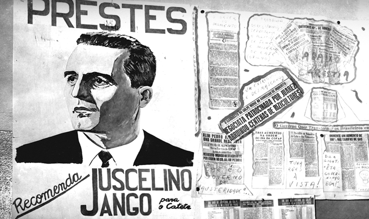  <strong> Cartaz de propaganda eleitoral</strong> em que o comunista Luís Carlos Prestes recomenda o voto na chapa JK-Jango n as eleições de 1955 