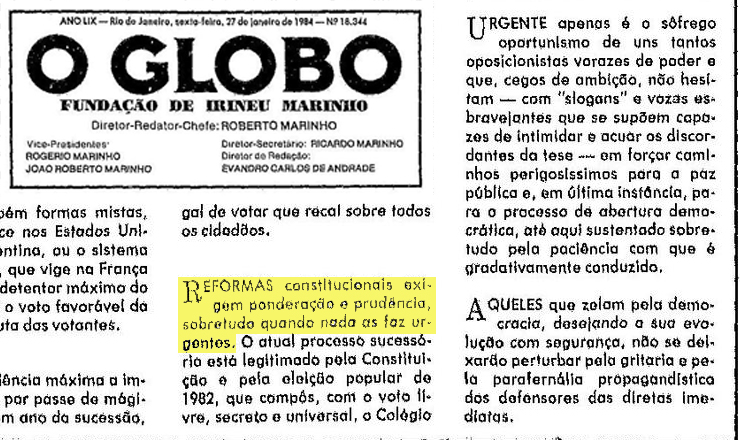  <strong> Em editorial na primeira página,</strong>  o jornal "O Globo"<strong> </strong> critica o comício pelas Diretas-Já na praça da Sé