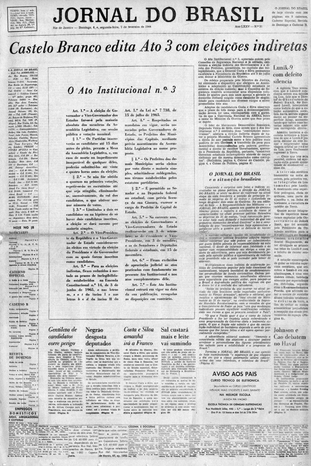  O &quot;Jornal do Brasil&quot; traz a &iacute;ntegra do AI-3, que estabelece elei&ccedil;&otilde;es indiretas para governadores  &nbsp;