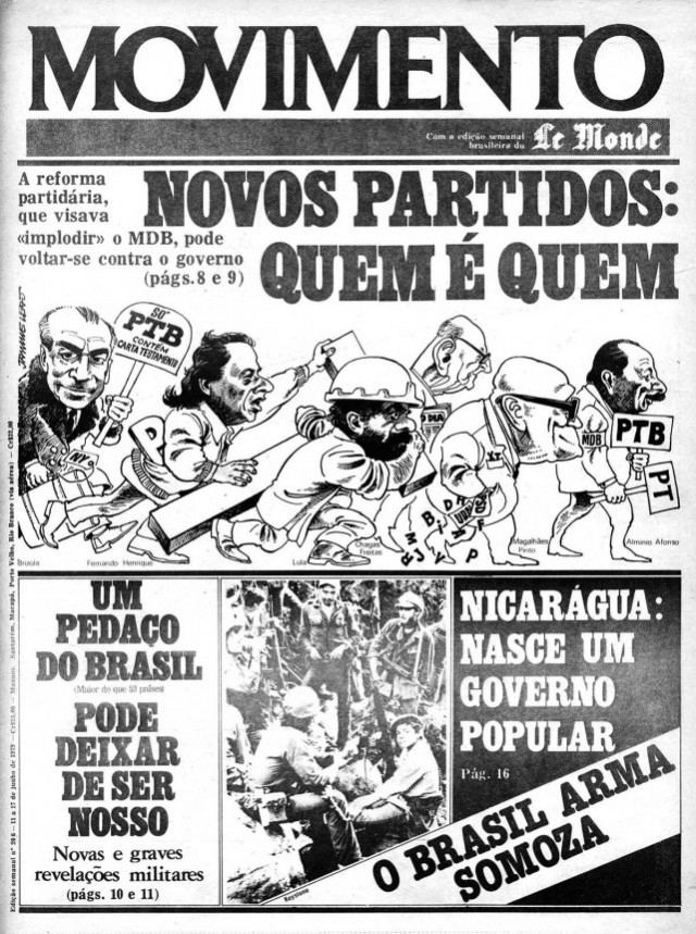  O jornal alternativo &quot;Movimento&quot; faz uma an&aacute;lise da reforma partid&aacute;ria de 1979 que extinguiu o MDB e a Arena e permitiu o aparecimento de novos partidos; a estrat&eacute;gia do governo era o de pulverizar a oposi&ccedil;&atilde;o  &nbsp;