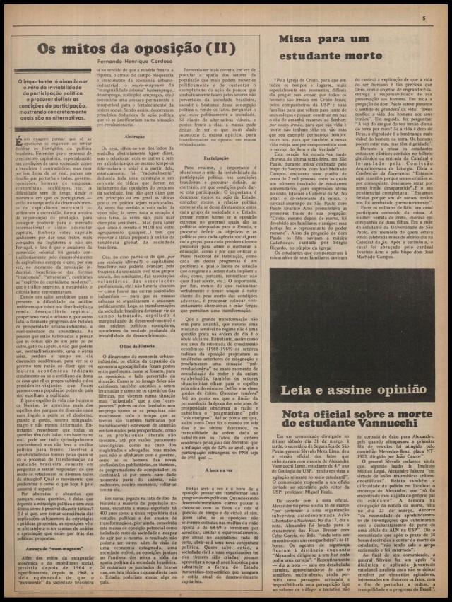   Not&iacute;cia censurada  sobre a morte de Alexandre Vannucchi na edi&ccedil;&atilde;o de 2 de abril de 1973 de &quot;Opini&atilde;o&quot;
