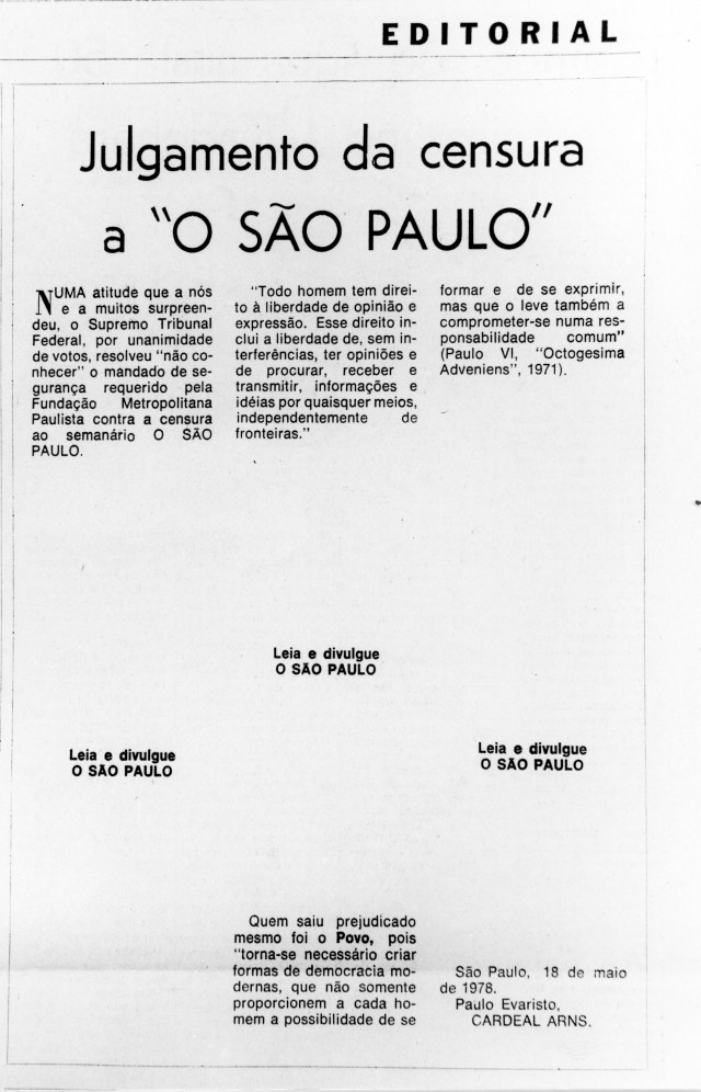  Editorial de &quot;O S&atilde;o Paulo&quot; contra a censura, assinado&nbsp;por d. Paulo Evaristo Arns,&nbsp;traz trechos em branco, sinalizando vetos dos censores, em maio de 1974