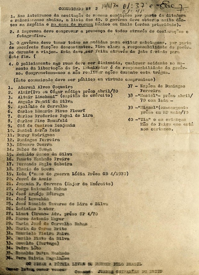   Comunicado n&ordm; 2 dos sequestradores com a lista dos presos pol&iacute;ticos a serem trocados