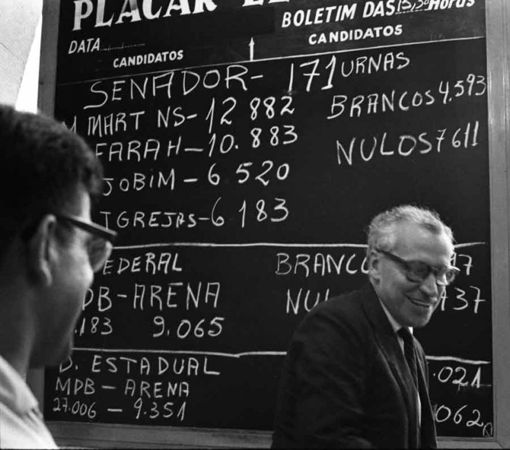  <strong> Mario Martins, do MDB, </strong> candidato mais votado ao Senado da Guanabara em 1966, acompanha as apurações no Maracanã 