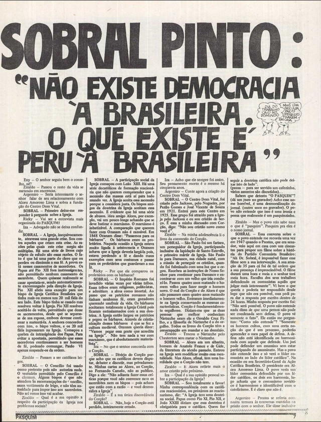  Entrevista concedida por Sobral Pinto a &quot;O Pasquim&quot; em 1977