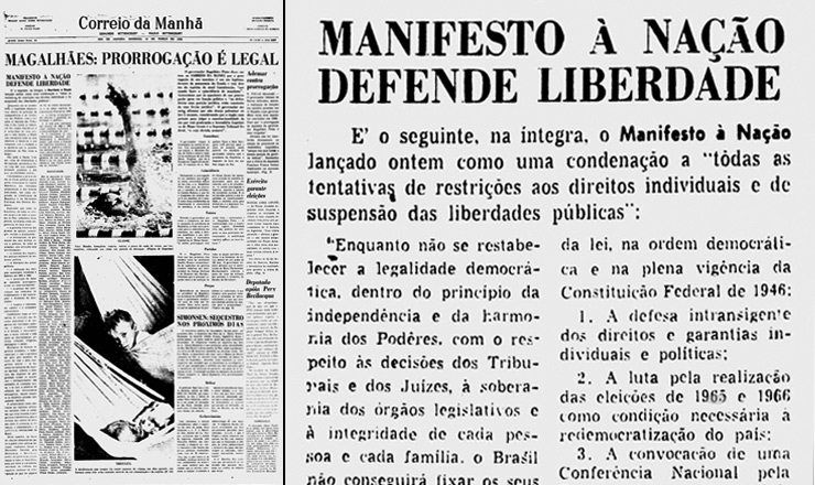       <strong> Um ano depois</strong> de apoiar a queda de Goulart, o "Correio da Manhã" publica o Manifesto Nacional pela Democracia 