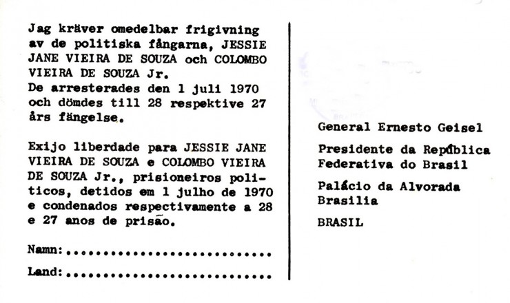  <strong> Verso do postal </strong> traz mensagem em sueco e português dirigida ao presidente Geisel, que sucedeu ao general Médici   