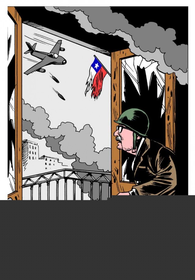  Charge &quot;11 de setembro de 1973&quot;, de autoria do brasileiro Carlos Latuff datada de 2007 e feita em homenagem &agrave; resist&ecirc;ncia de Allende ao golpe