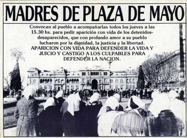  Cartaz das M&atilde;es da Pra&ccedil;a de Maio, movimento que se notabilizou pelas den&uacute;ncias dos crimes da ditadura argentina e na busca de crian&ccedil;as desaparecidas e dadas em ado&ccedil;&atilde;o aos militares e a seus apoiadores&nbsp;