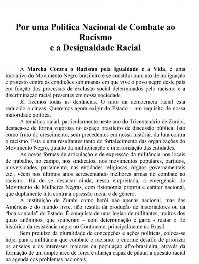  Documento entregue pelo movimento em novembro de 1995