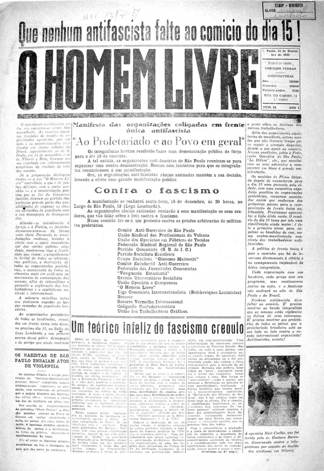   &quot;O Homem Livre&quot;: manifesto da Frente &Uacute;nica Antifascista, edi&ccedil;&atilde;o de 14 de dezembro de 1933