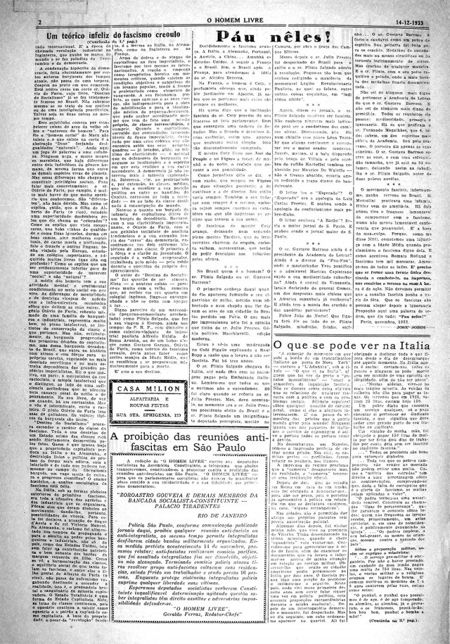   &quot;O Homem Livre&quot;: manifesto da Frente &Uacute;nica Antifascista, edi&ccedil;&atilde;o de 14 de dezembro de 1933