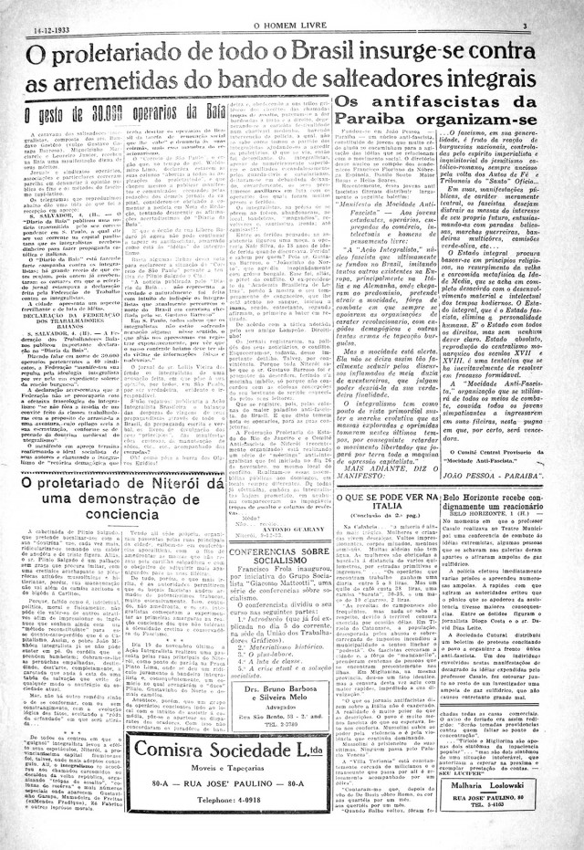   &quot;O Homem Livre&quot;: manifesto da Frente &Uacute;nica Antifascista, edi&ccedil;&atilde;o de 14 de dezembro de 1933