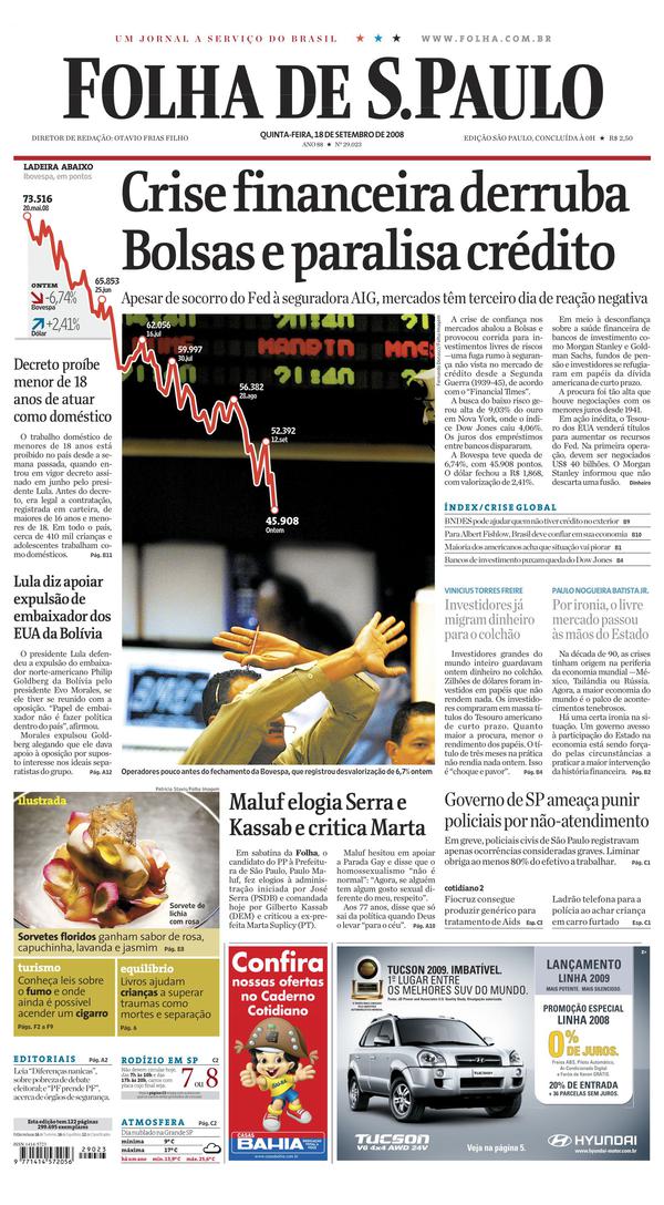 Capa do jornal &quot;Folha de S.Paulo&quot; de&nbsp;19 de setembro de 2008