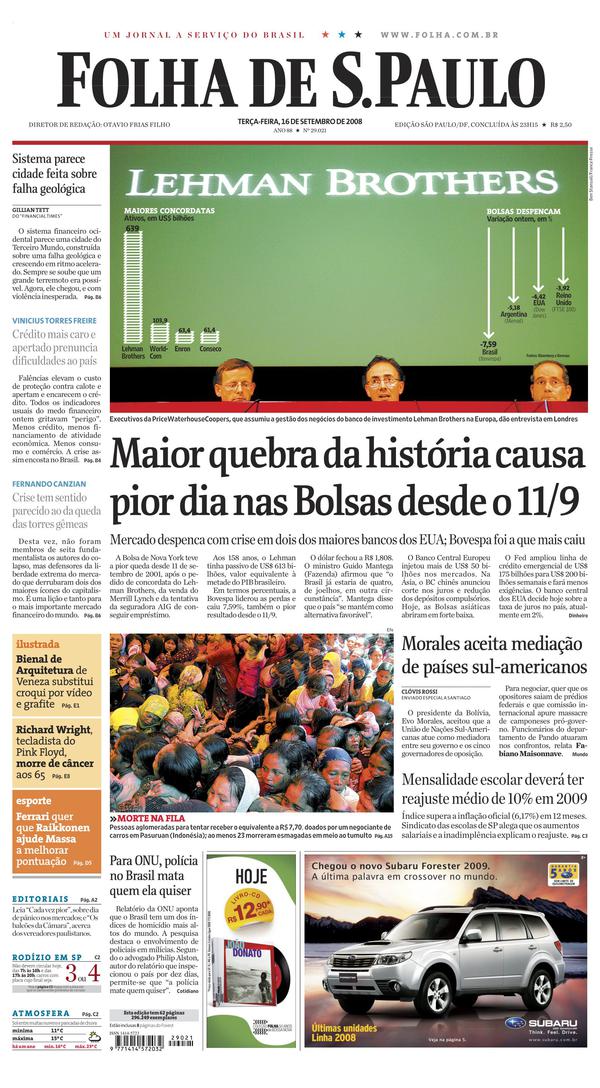  Capa do jornal &quot;Folha de S.Paulo&quot; de&nbsp;16&nbsp;de setembro de 2008