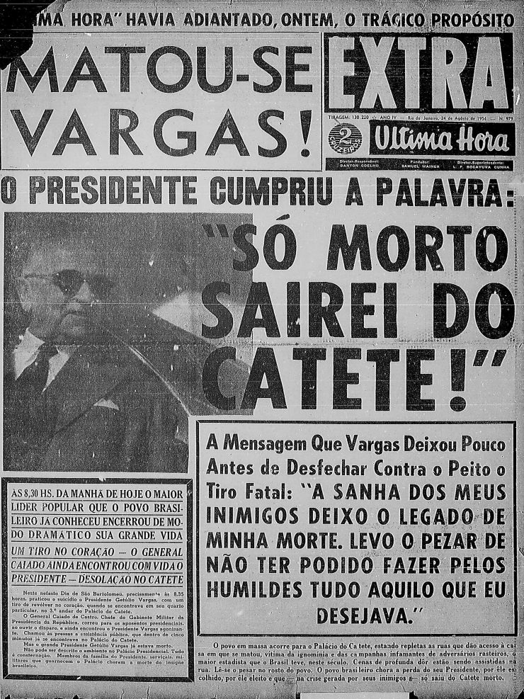   Edi&ccedil;&atilde;o extra do jornal &quot;Ultima Hora&quot;&nbsp;sobre a morte de Get&uacute;lio Vargas