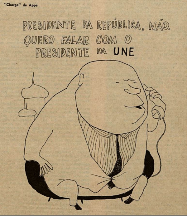   Charge de Appe publicada em &ldquo;O Cruzeiro&rdquo;, edi&ccedil;&atilde;o de 25 de agosto de 1962, mostra o l&iacute;der sovi&eacute;tico Nikita Kruschev telefonando para o Brasil, numa alus&atilde;o ao poder de mobiliza&ccedil;&atilde;o das lideran&ccedil;as estudantis