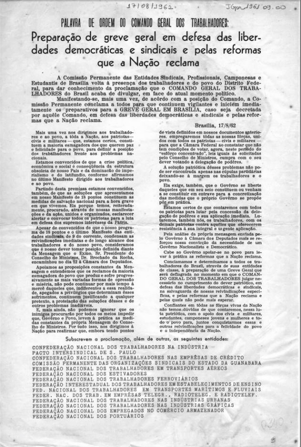   CGT conclama &agrave; greve geral  e divulga documento orientando e justificando sua prepara&ccedil;&atilde;o, em agosto de 1962