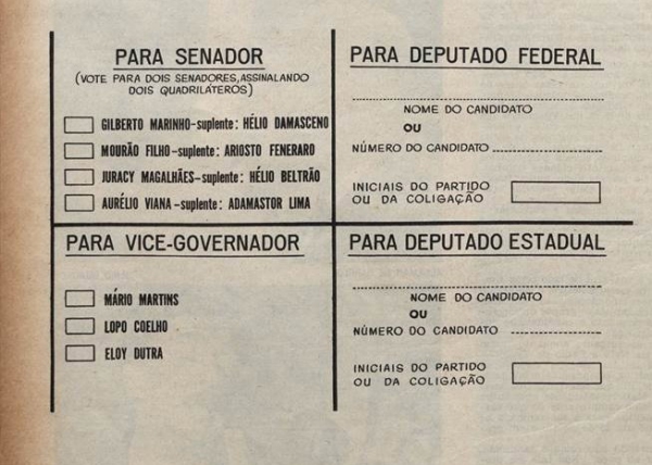   Na revista &ldquo;O Cruzeiro&rdquo; de 6 de outubro de 1962,  lia-se a seguinte orienta&ccedil;&atilde;o:   O eleitor encontrar&aacute; a C&eacute;dula &Uacute;nica  com que votar&aacute; nas elei&ccedil;&otilde;es de 7 de outubro, j&aacute; com os nomes, pela ordem de inscri&ccedil;&atilde;o. O mecanismo do voto &eacute; simples: basta o eleitor marcar em cruz ou em X dois quadril&aacute;teros para senadores e um para vice-governador. Nas elei&ccedil;&otilde;es proporcionais (deputado federal e estadual), o eleitor ter&aacute; que escrever o nome do candidato ou o n&uacute;mero e a sigla do partido. Se se tratar de coliga&ccedil;&atilde;o partid&aacute;ria, o eleitor escrever&aacute; pelo menos a sigla de um dos partidos coligados.  