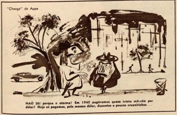   Charge de Appe: &nbsp;&quot;N&atilde;o sei porque o alarme! Em 1940 pag&aacute;vamos quase trinta mil-r&eacute;is por d&oacute;lar! Hoj&eacute; s&oacute; pagamos, pelo mesmo d&oacute;lar, duzentos e poucos cruzeirinhos...&quot;