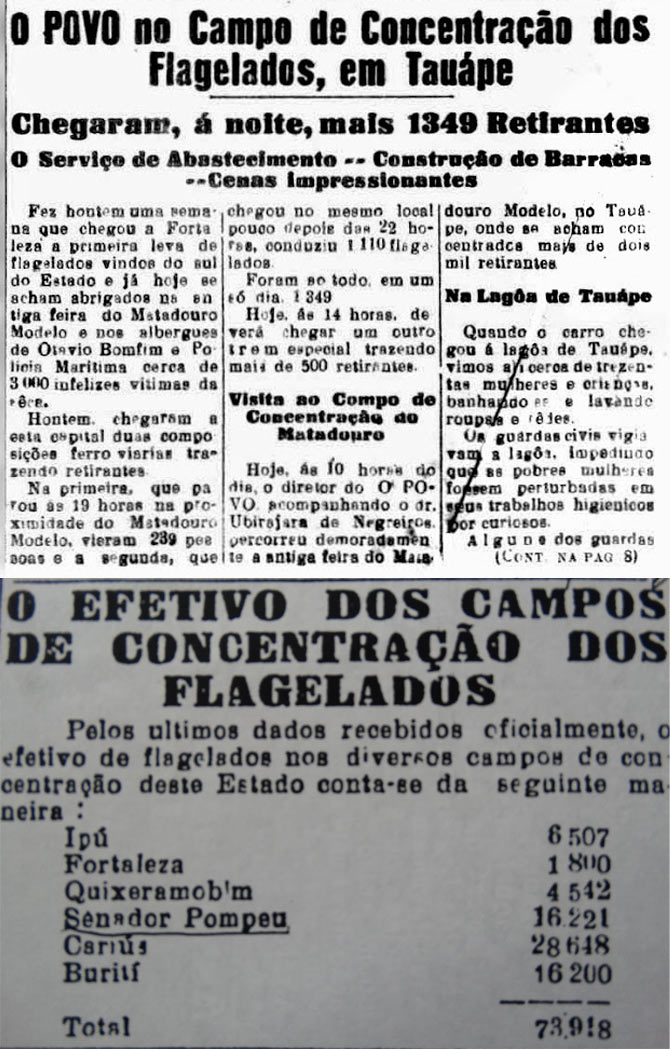 Jornais de 1932 relatam um dos episódios pouco conhecidos da nossa história: os campos de concentração criados para impedir que flagelados da seca chegassem a Fortaleza. (acima: Jornal O Povo de 16/4/1932; abaixo: Recorte de 20/6/1932 jornal não-identificado)