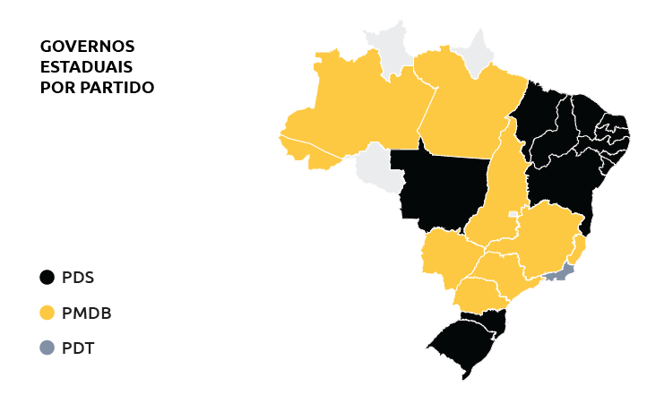  Mapa dos governadores eleitos por partido. N&atilde;o houve elei&ccedil;&atilde;o para os tr&ecirc;s territ&oacute;rios nacionais (Amap&aacute;, Rond&ocirc;nia e Roraima) e para o Distrito Federal